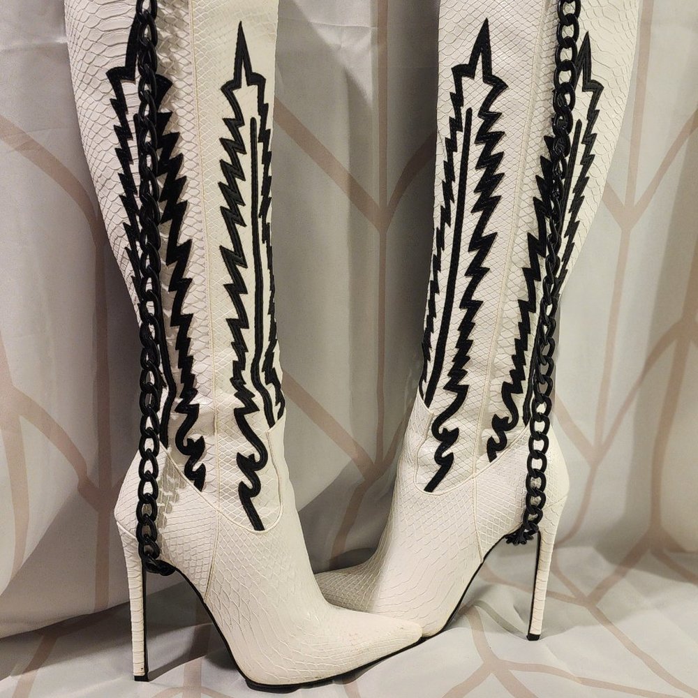 White and Black Heeled Boots